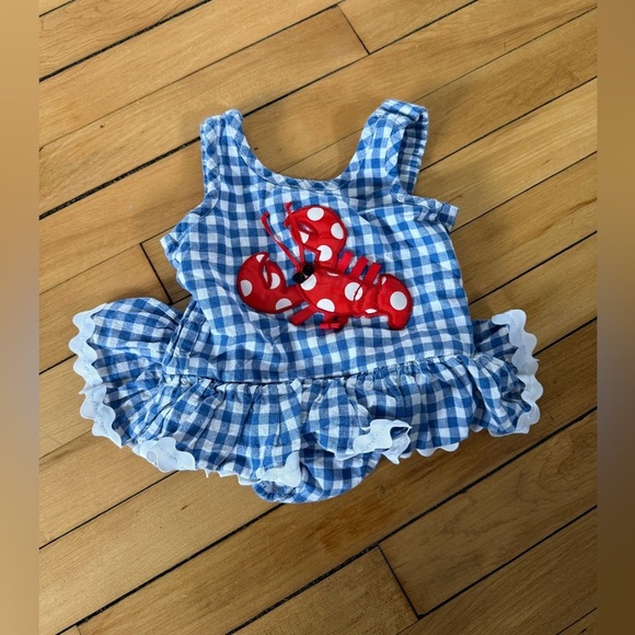 Mud Pie baby crab print blue and white checkered infant swimsuit - Picture 1 of 7